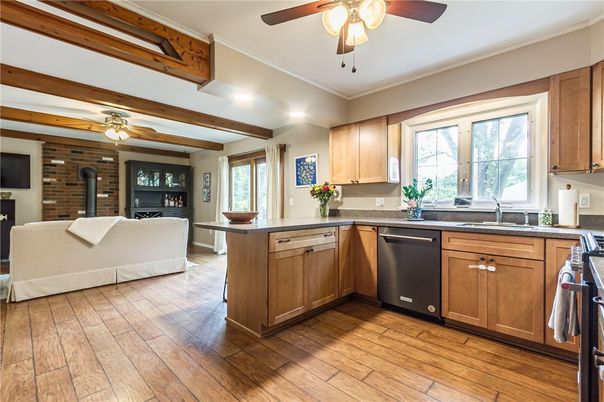Fireplace, Interior, Kitchen, Living room, Recessed Lighting, Stone Walls, Wooden Beams, Wood Texture Flooring