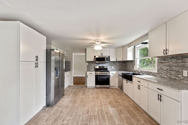 Interior, Kitchen, Stainless Steel Appliances, Wood Texture Flooring
