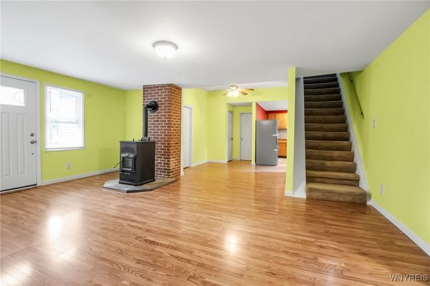 Empty room, Fireplace, Interior, Stone Walls, Wood Texture Flooring
