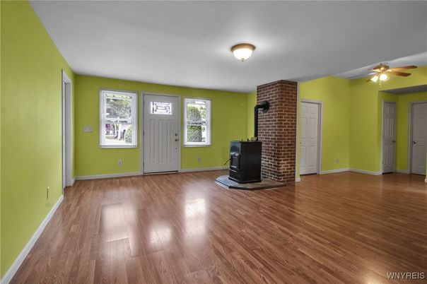 Empty room, Fireplace, Interior, Stone Walls, Wood Texture Flooring