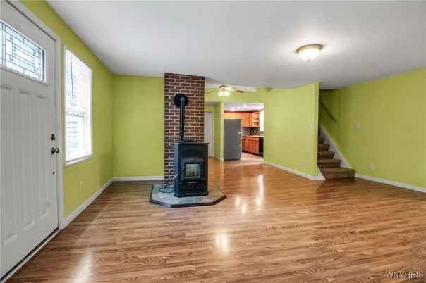 Empty room, Fireplace, Interior, Stone Walls, Wood Texture Flooring