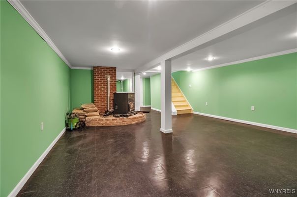 Empty room, Fireplace, Interior, Recessed Lighting, Stone Walls