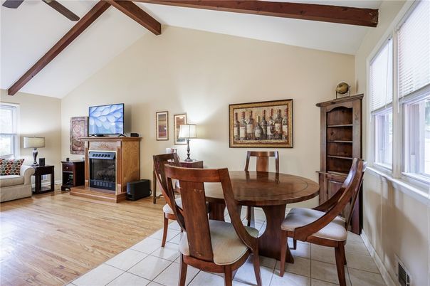 Dining room, Fireplace, Interior, Wooden Beams, Wood Texture Flooring