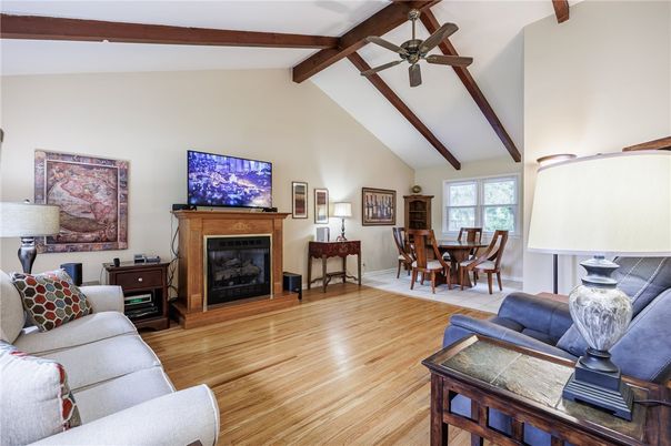 Dining room, Fireplace, Interior, Living room, Wooden Beams, Wood Texture Flooring