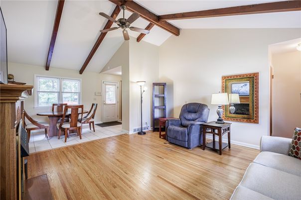 Dining room, Fireplace, Interior, Wooden Beams, Wood Texture Flooring