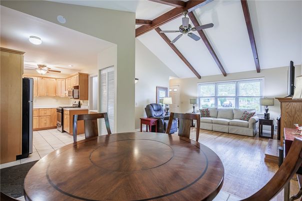 Dining room, Interior, Kitchen, Living room, Recessed Lighting, Wooden Beams, Wood Texture Flooring