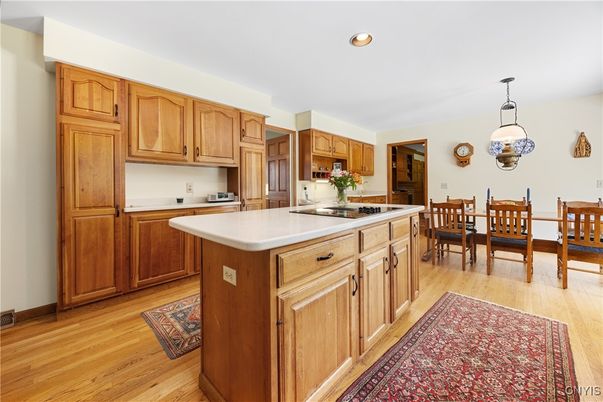 Dining room, Interior, Kitchen, Pendant Lights, Recessed Lighting, Wood Texture Flooring