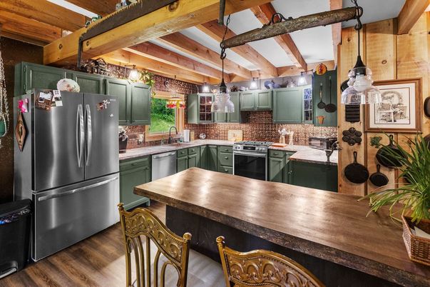 Interior, Kitchen, Pendant Lights, Stainless Steel Appliances, Wooden Beams, Wood Texture Flooring