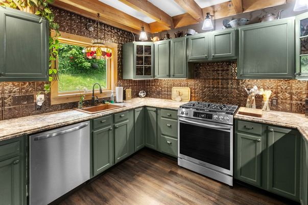 Interior, Kitchen, Pendant Lights, Stainless Steel Appliances, Wooden Beams, Wood Texture Flooring