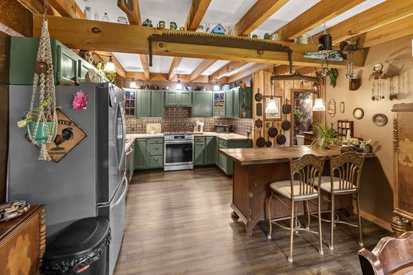 Interior, Kitchen, Pendant Lights, Wooden Beams, Wood Texture Flooring