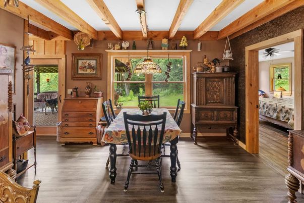 Dining room, Interior, Pendant Lights, Wooden Beams, Wood Texture Flooring