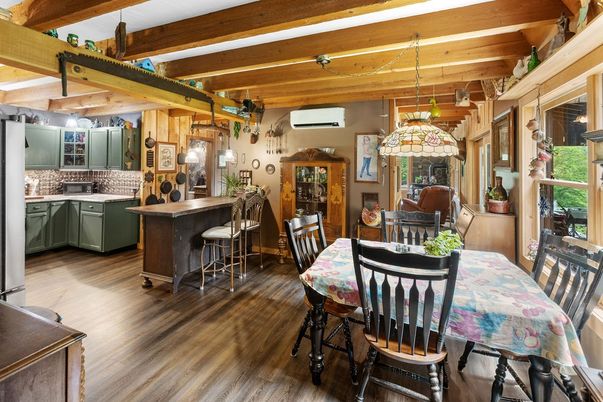 Dining room, Interior, Kitchen, Pendant Lights, Wooden Beams, Wood Texture Flooring