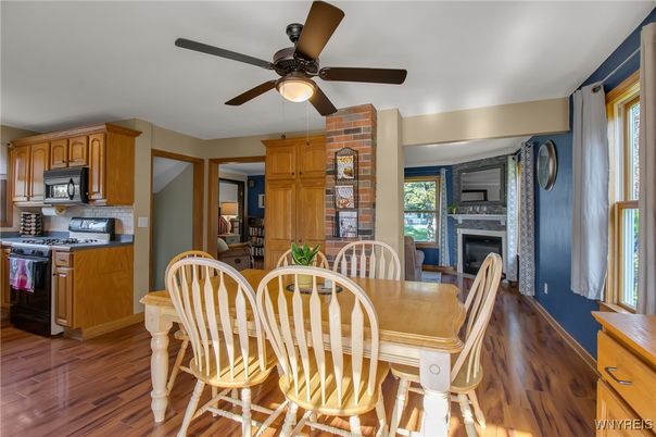 Dining room, Fireplace, Interior, Kitchen, Wood Texture Flooring