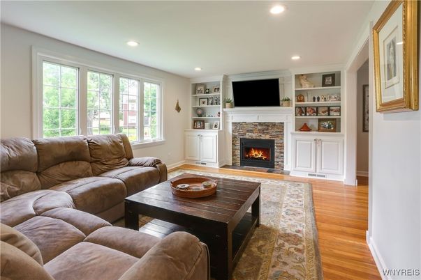 Fireplace, Interior, Living room, Recessed Lighting, Wood Texture Flooring