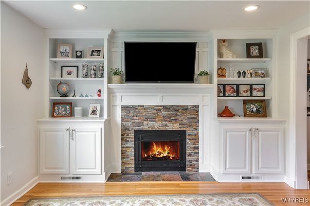 Fireplace, Interior, Recessed Lighting, Wood Texture Flooring
