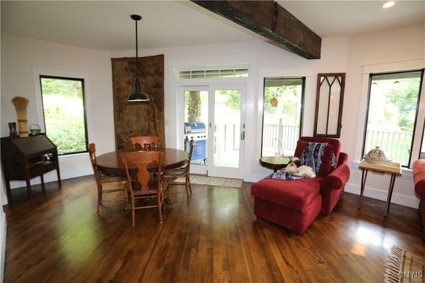 Dining room, Interior, Pendant Lights, Recessed Lighting, Wood Texture Flooring