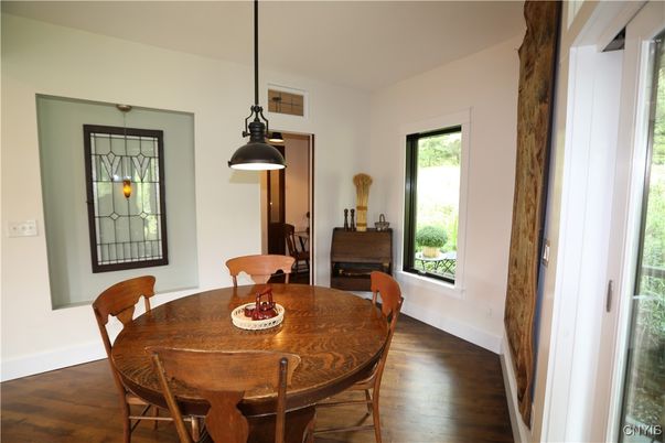 Dining room, Interior, Pendant Lights, Wood Texture Flooring