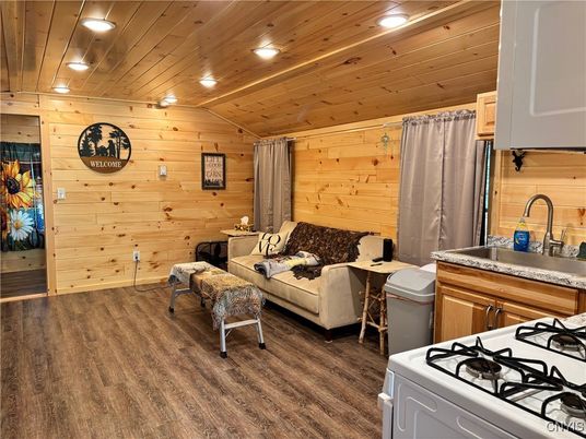 Interior, Kitchen, Living room, Recessed Lighting, Wooden Ceilings, Wood Texture Flooring, Wooden Walls