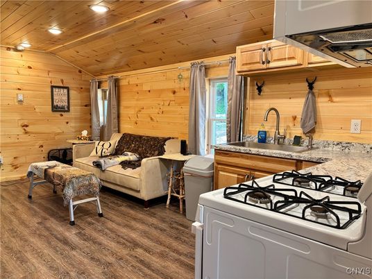 Interior, Kitchen, Living room, Recessed Lighting, Wooden Ceilings, Wood Texture Flooring, Wooden Walls