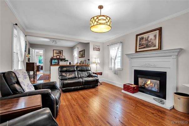 Fireplace, Interior, Living room, Pendant Lights, Wood Texture Flooring
