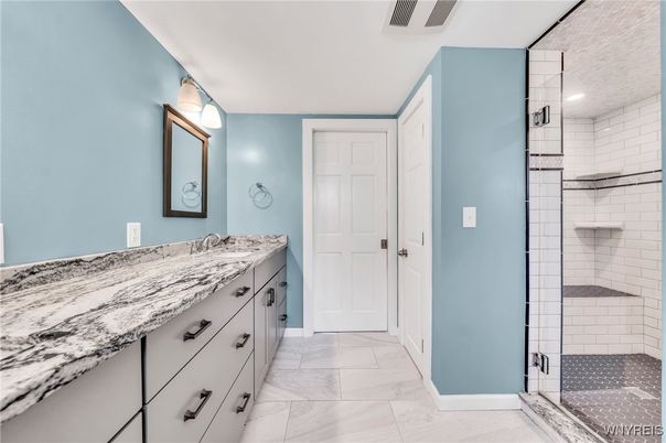 Bathroom, Dual Sink Vanities, Glass Shower, Interior, Marble
