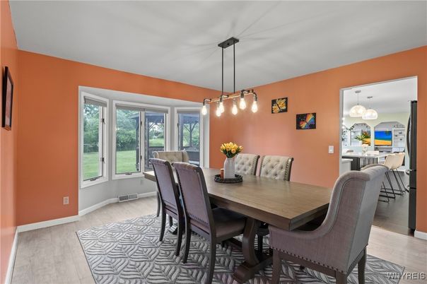 Dining room, Interior, Pendant Lights, Wood Texture Flooring