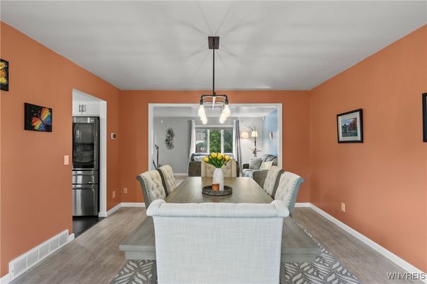 Dining room, Interior, Pendant Lights, Stainless Steel Appliances, Wood Texture Flooring