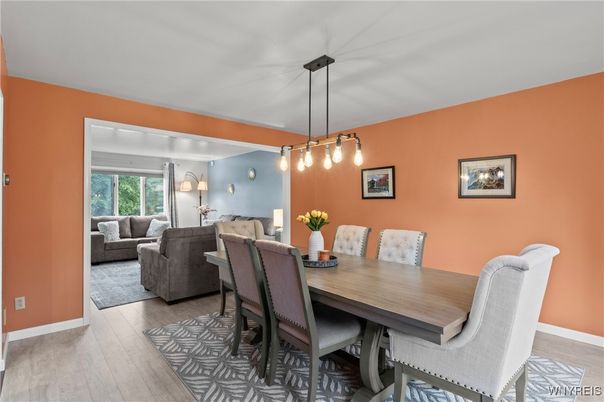Dining room, Interior, Living room, Pendant Lights, Wood Texture Flooring