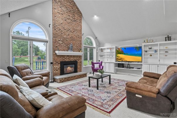 Fireplace, Interior, Living room, Recessed Lighting, Stone Walls