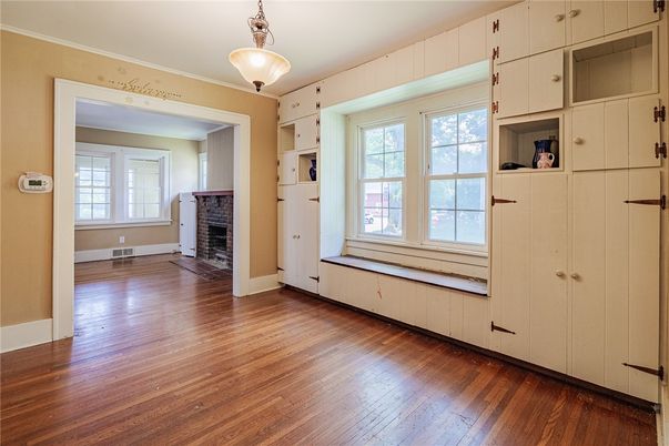 Empty room, Fireplace, Interior, Pendant Lights, Wood Texture Flooring