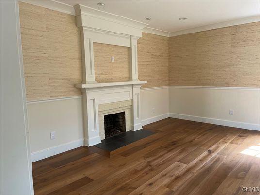 Empty room, Fireplace, Interior, Recessed Lighting, Wood Texture Flooring