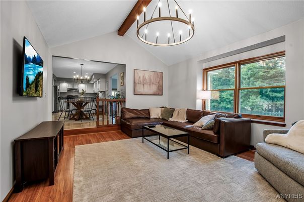 Chandelier, Dining room, Interior, Kitchen, Living room, Pendant Lights, Wooden Beams, Wood Texture Flooring
