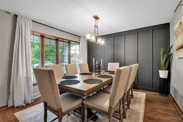 Dining room, Interior, Pendant Lights, Wood Texture Flooring