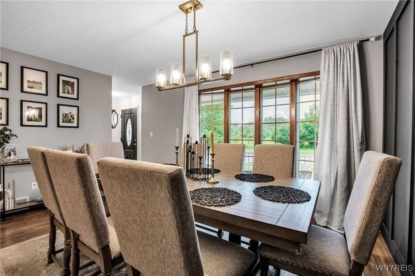 Dining room, Interior, Pendant Lights, Wood Texture Flooring