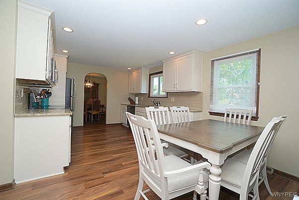 Dining room, Interior, Kitchen, Recessed Lighting, Wood Texture Flooring