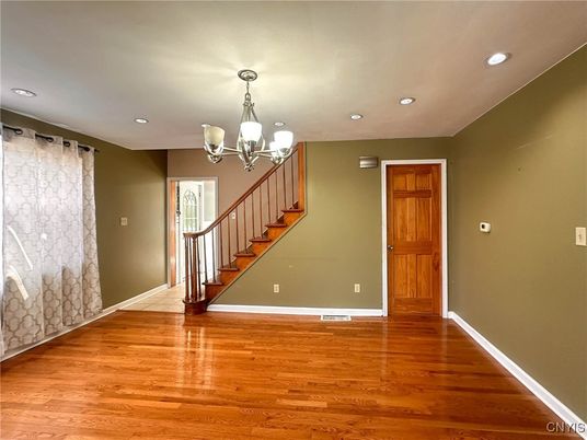 Chandelier, Empty room, Interior, Recessed Lighting, Wood Texture Flooring