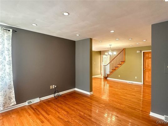 Chandelier, Empty room, Interior, Recessed Lighting, Wood Texture Flooring