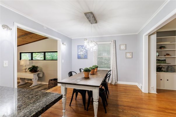Dining room, Interior, Pendant Lights, Wood Texture Flooring