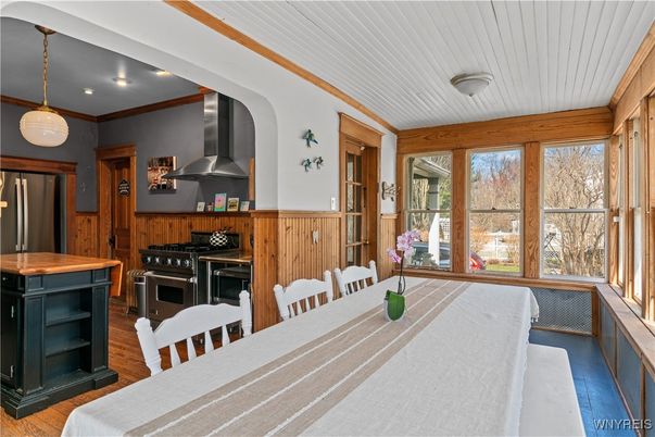 Dining room, Interior, Kitchen, Pendant Lights, Recessed Lighting, Stainless Steel Appliances, Wood Texture Flooring