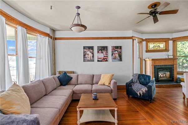 Fireplace, Interior, Living room, Pendant Lights, Wood Texture Flooring