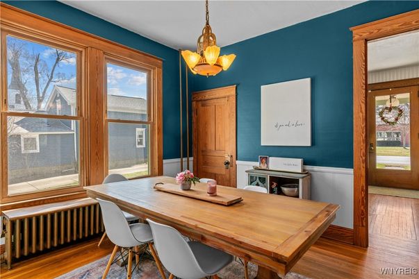 Dining room, Interior, Pendant Lights, Wood Texture Flooring