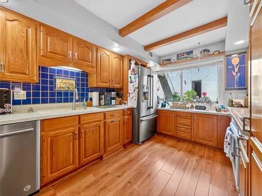 Interior, Kitchen, Recessed Lighting, Stainless Steel Appliances, Wooden Beams, Wood Texture Flooring