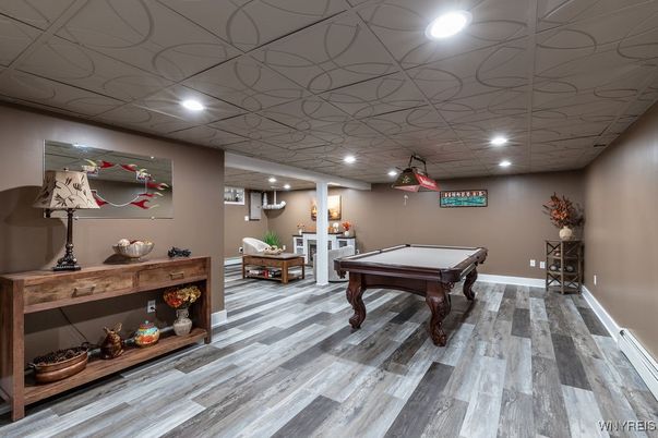 Billiard Table, Game Room, Interior, Recessed Lighting, Wood Texture Flooring