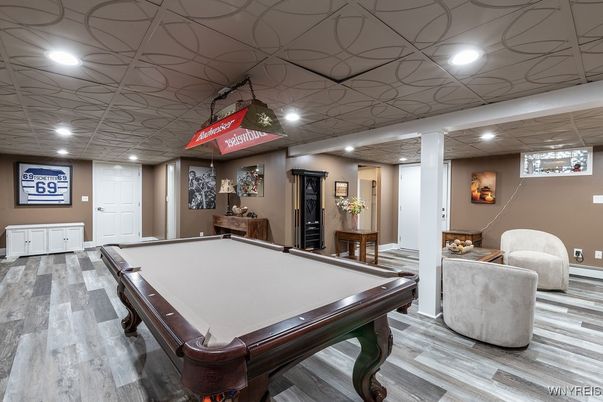 Billiard Table, Game Room, Interior, Recessed Lighting, Wood Texture Flooring