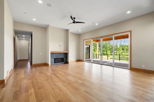 Empty room, Fireplace, Interior, Recessed Lighting, Wood Texture Flooring