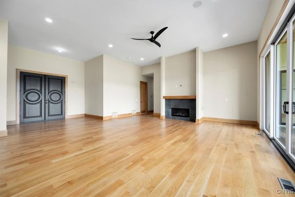 Empty room, Fireplace, Interior, Recessed Lighting, Wood Texture Flooring