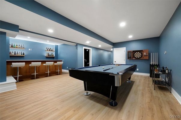 Billiard Table, Game Room, Interior, Recessed Lighting, Wood Texture Flooring
