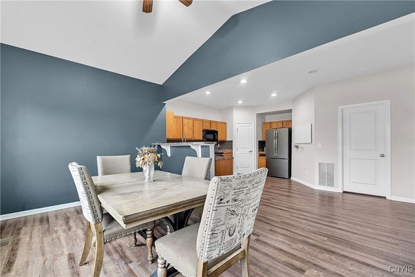 Dining room, Interior, Kitchen, Recessed Lighting, Wood Texture Flooring
