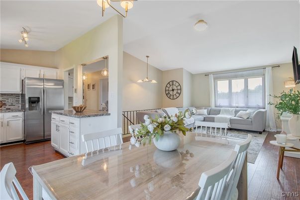 Dining room, Interior, Kitchen, Living room, Pendant Lights, Stainless Steel Appliances, Wood Texture Flooring