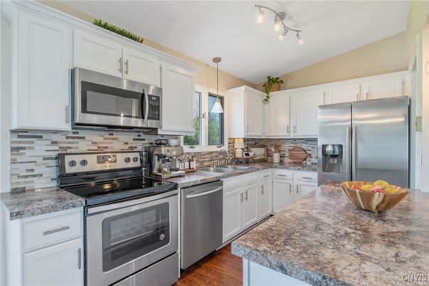 Interior, Kitchen, Pendant Lights, Stainless Steel Appliances, Wood Texture Flooring